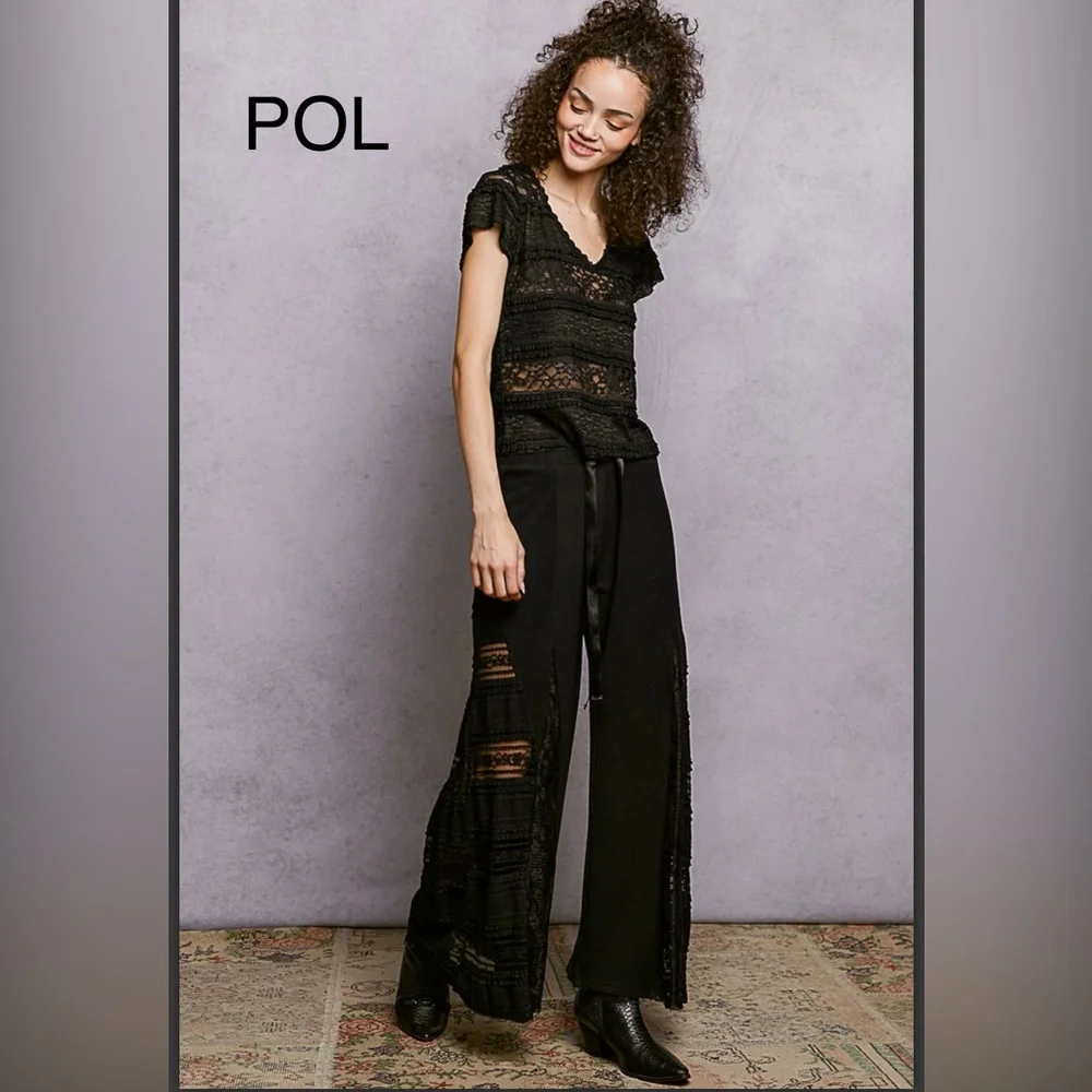 BPB217-9🖤NEW! POL spectacular black tie waist pants w/lace inset bottoms! wow! - Picture 6 of 7